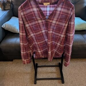 LOFT Burgundy Plaid V-Neck Blouse